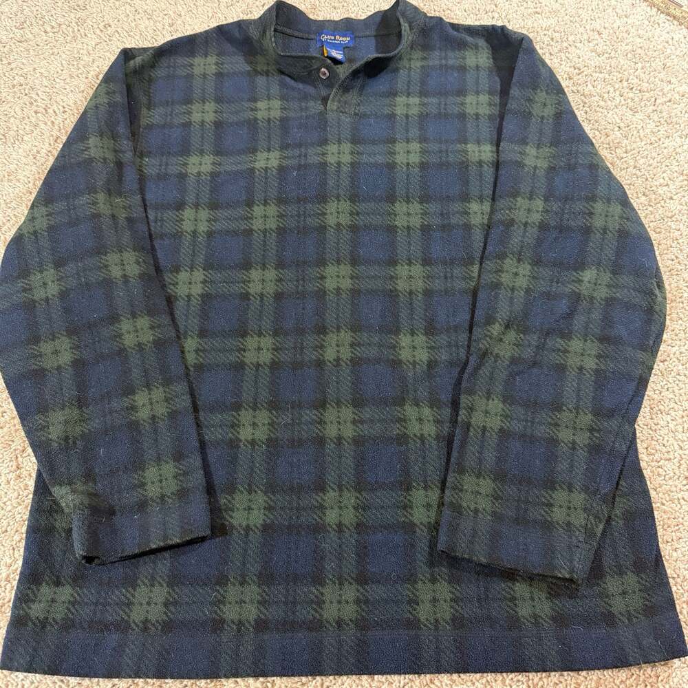 Vintage Club Room Blackwatch Plaid Fleece Pullover Mens Large Green Blue 90s